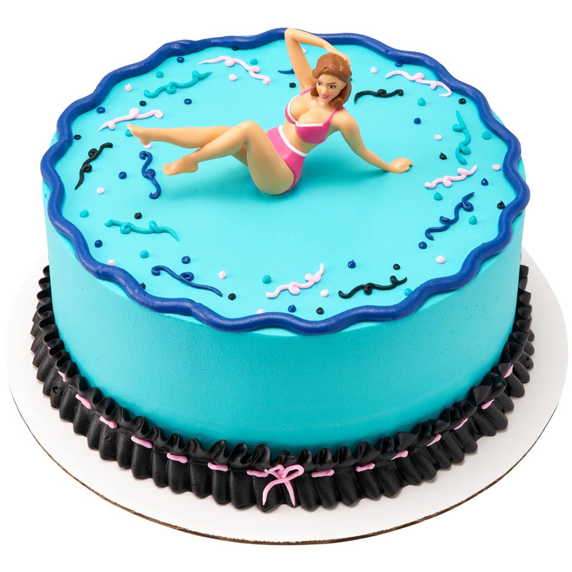 A vibrant blue cake topped with a bikini-clad woman topper, featuring playful black and pink squiggle decorations and a wavy border. This lively and eye-catching cake from Lynn's Cake, Candy, and Chocolate Supplies is sure to be the talk of any adult party or summer bash.