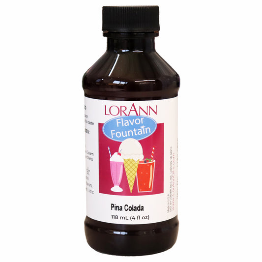 LorAnn Pina Colada Flavor Fountain bottle with illustrated label of ice cream and milkshakes, used to flavor frozen desserts with coconut and pineapple taste
