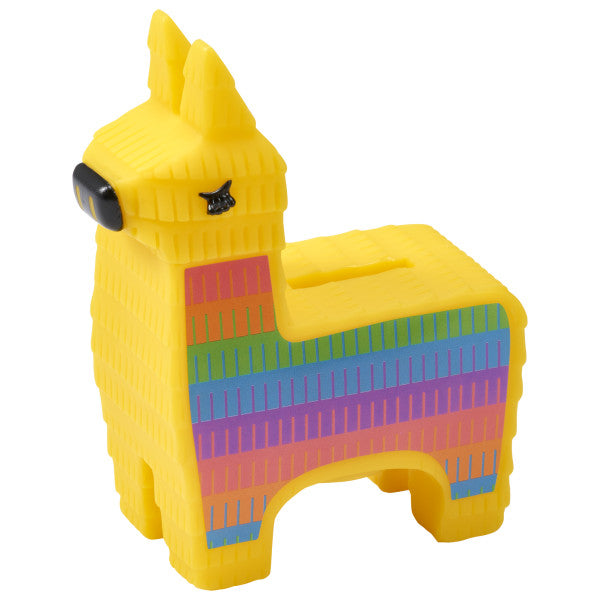 A bright yellow piñata-style burro with colorful stripes, designed as a coin bank.