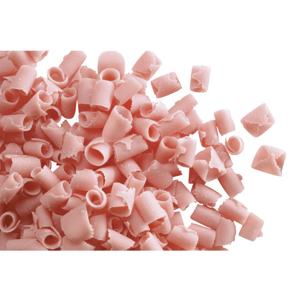 Pink chocolate curls for dessert decoration, perfect for cakes, cupcakes, and pastries.