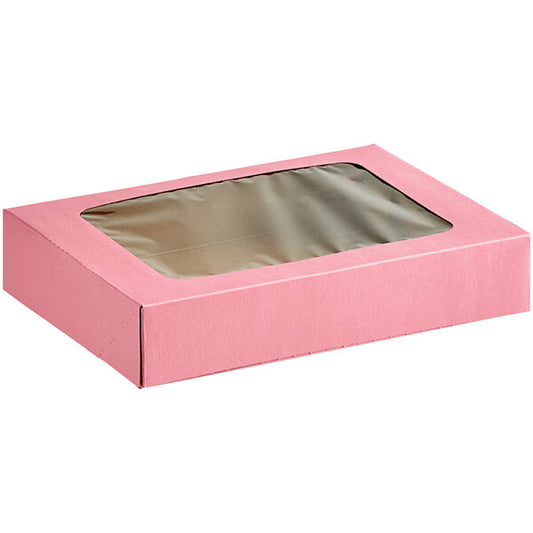 Pink auto-popup bakery box with a clear window, designed for packaging cookies, pastries, and baked goods.