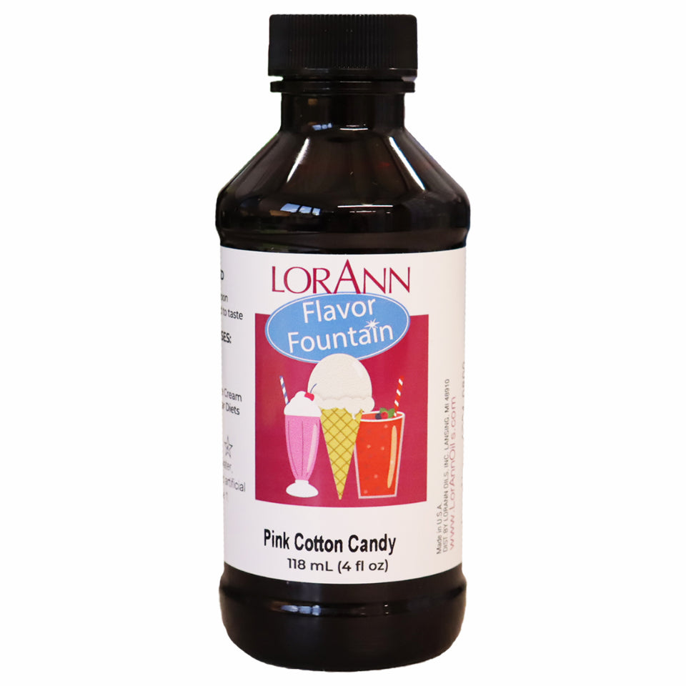 LorAnn Pink Cotton Candy Flavor Fountain bottle with illustrated label of ice cream and shakes, used to flavor frozen desserts with sweet carnival-style cotton candy taste