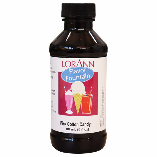 LorAnn Pink Cotton Candy Flavor Fountain bottle with illustrated label of ice cream and shakes, used to flavor frozen desserts with sweet carnival-style cotton candy taste