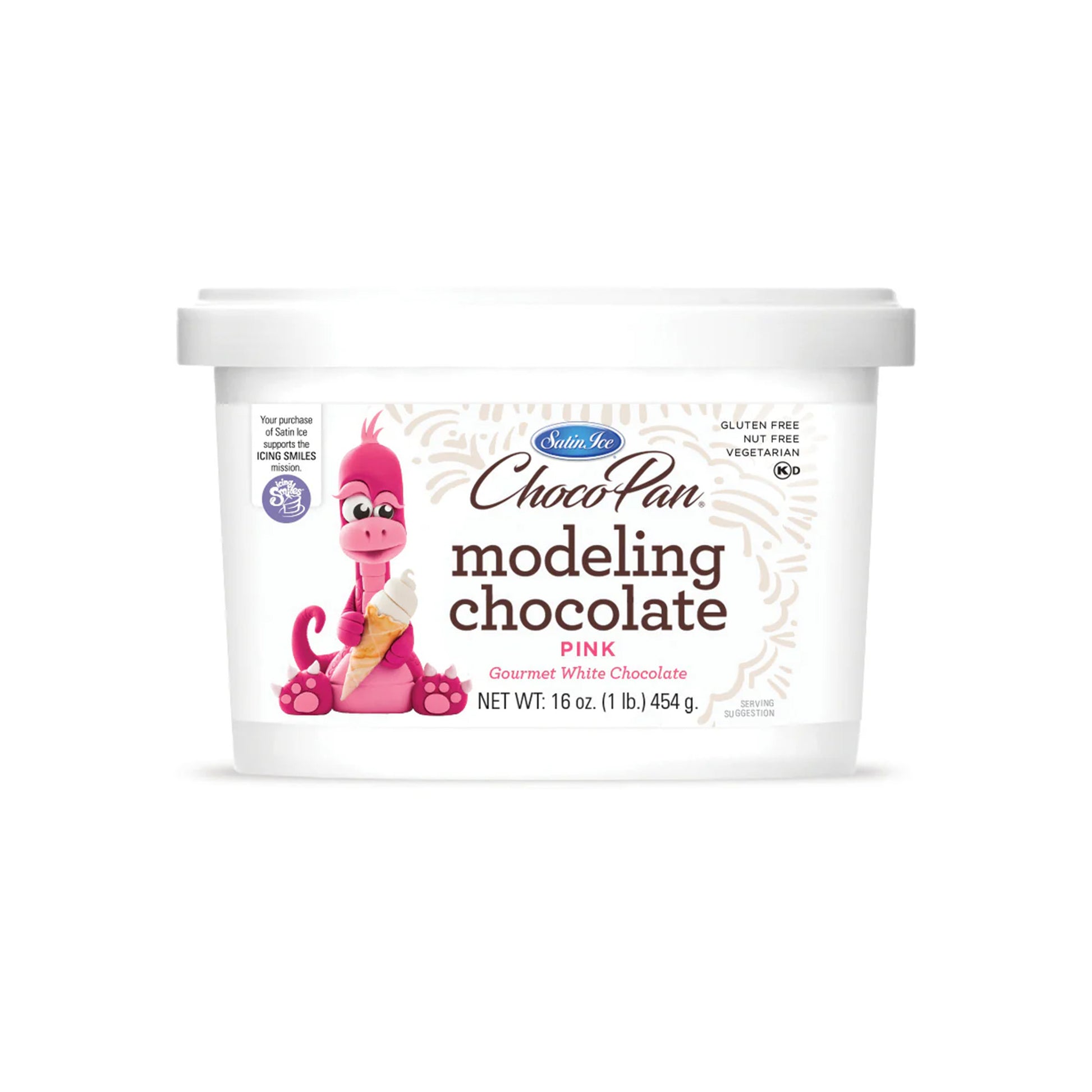 Satin Ice ChocoPan pink modeling chocolate tub, 16 oz, gourmet white chocolate.