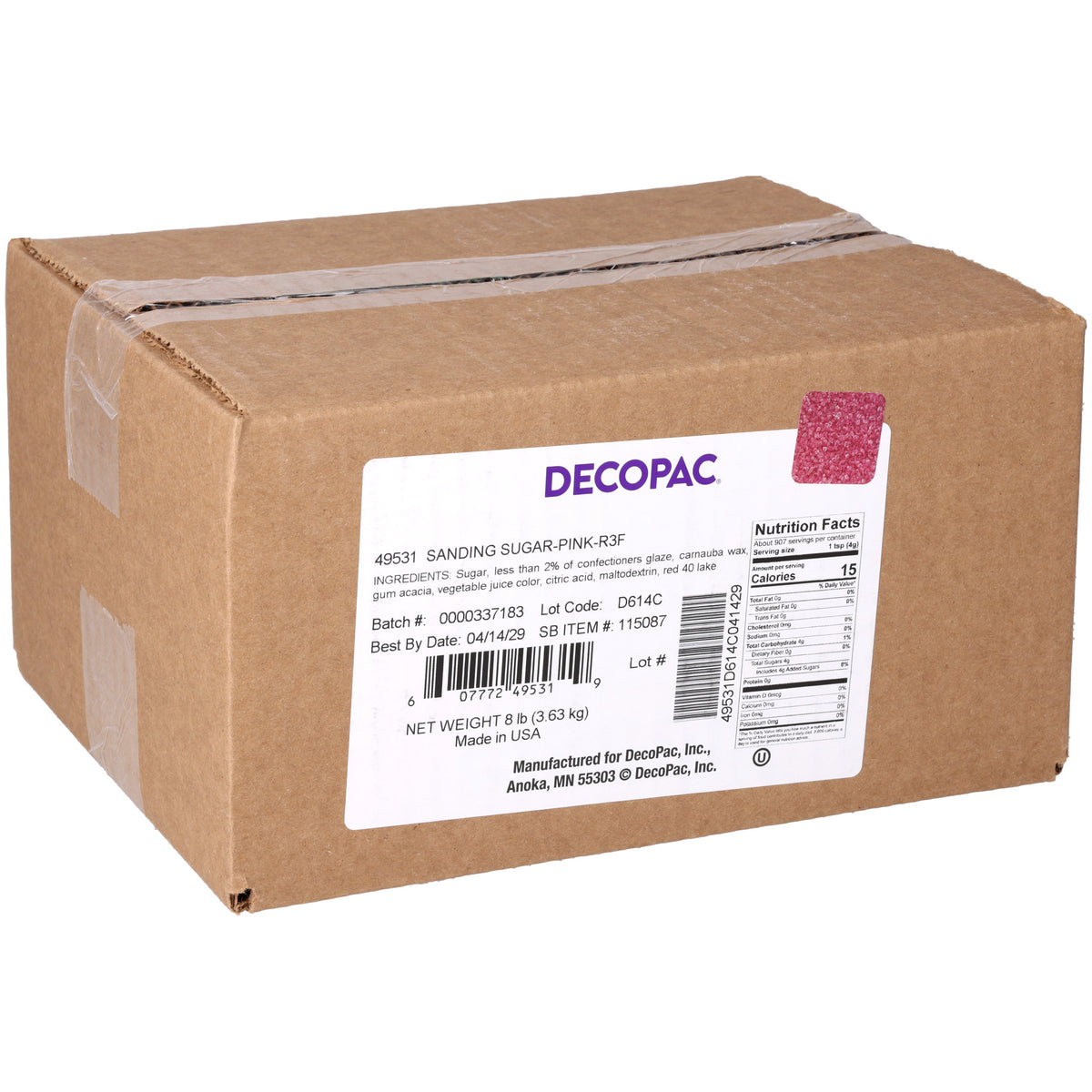 DecoPac Pink Sanding Sugar 8 lb bulk case in a sealed brown cardboard box with white product label and pink sugar color swatch, item #49531.
