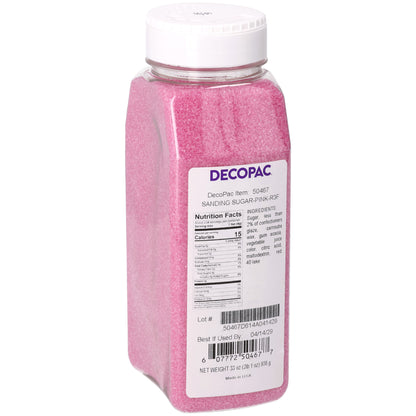 DecoPac Pink Sanding Sugar in a 33 oz clear plastic shaker container with white screw-on lid, filled with sparkling pink sugar crystals, item #50467.