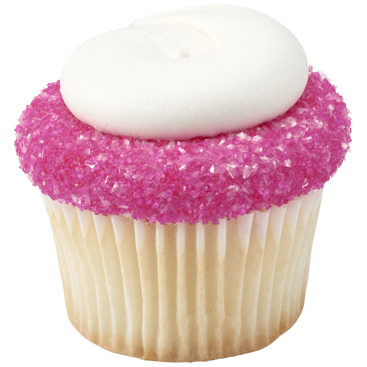Vanilla cupcake in a white paper liner with a thick coating of sparkling pink sanding sugar around the frosting and a large swirl of white buttercream on top.