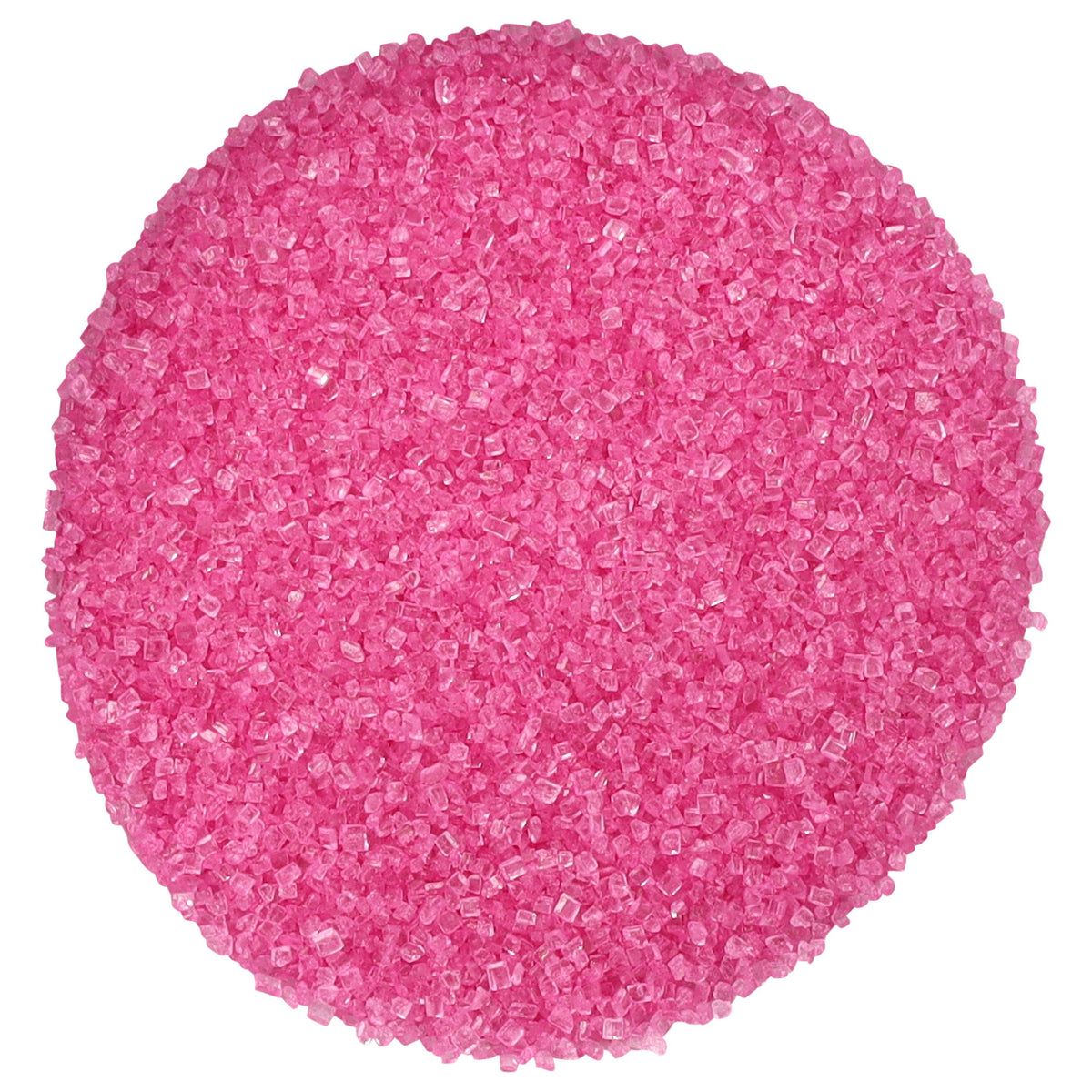 Close-up of bright pink sanding sugar showing coarse, translucent pink sugar crystals with a sparkling, faceted texture against a white background.