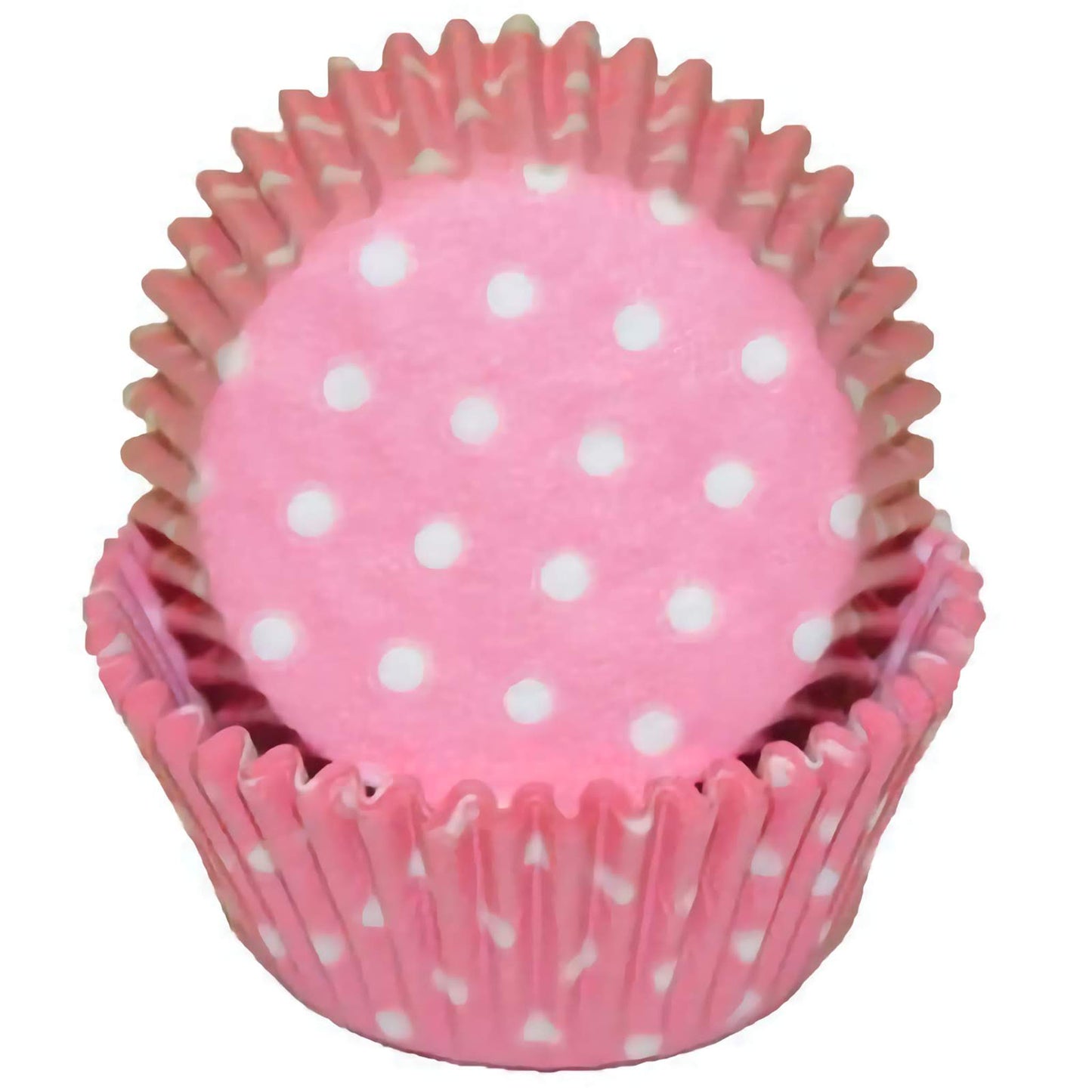 Light pink cupcake baking cup with white polka dots, displayed in a nested stack.