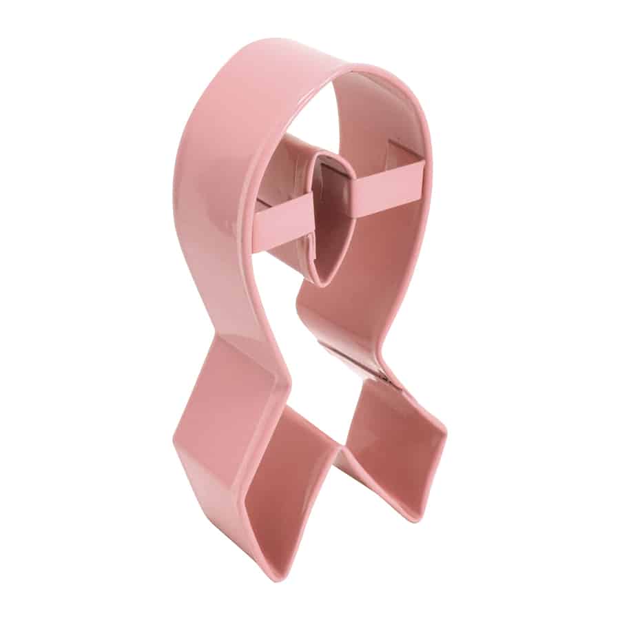 Angled view of the pink ribbon cookie cutter showing depth and sturdy construction.