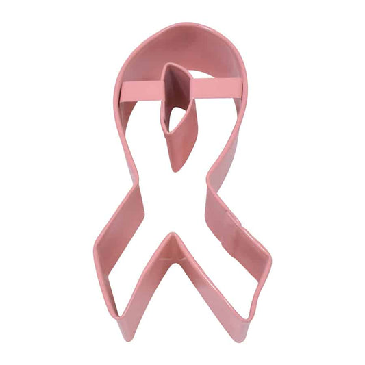 A Polyresin Coated Steel Pink Ribbon Cookie Cutter, measuring 3.75 inches, shaped like a pink awareness ribbon, ideal for creating themed cookies for events or charity.