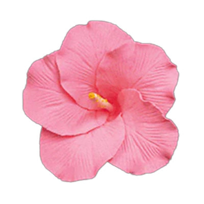 Pink gum paste hibiscus flower with layered ruffled petals, fine veining texture, and a small yellow center on a white background.