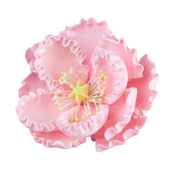 Large pink gum paste peony flower with ruffled petals and yellow center, measuring 4.5 inches wide—perfect for cake decorating.