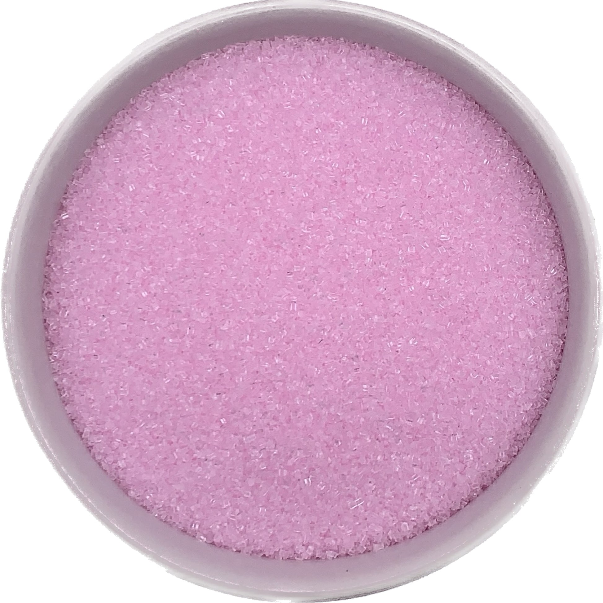 Close-up of a bowl filled with light pink sanding sugar, highlighting its fine, crystalline texture.