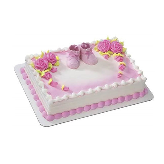 Pink baby booties cake topper kit with floral accents, perfect for welcoming a newborn girl and cake decorating essentials.