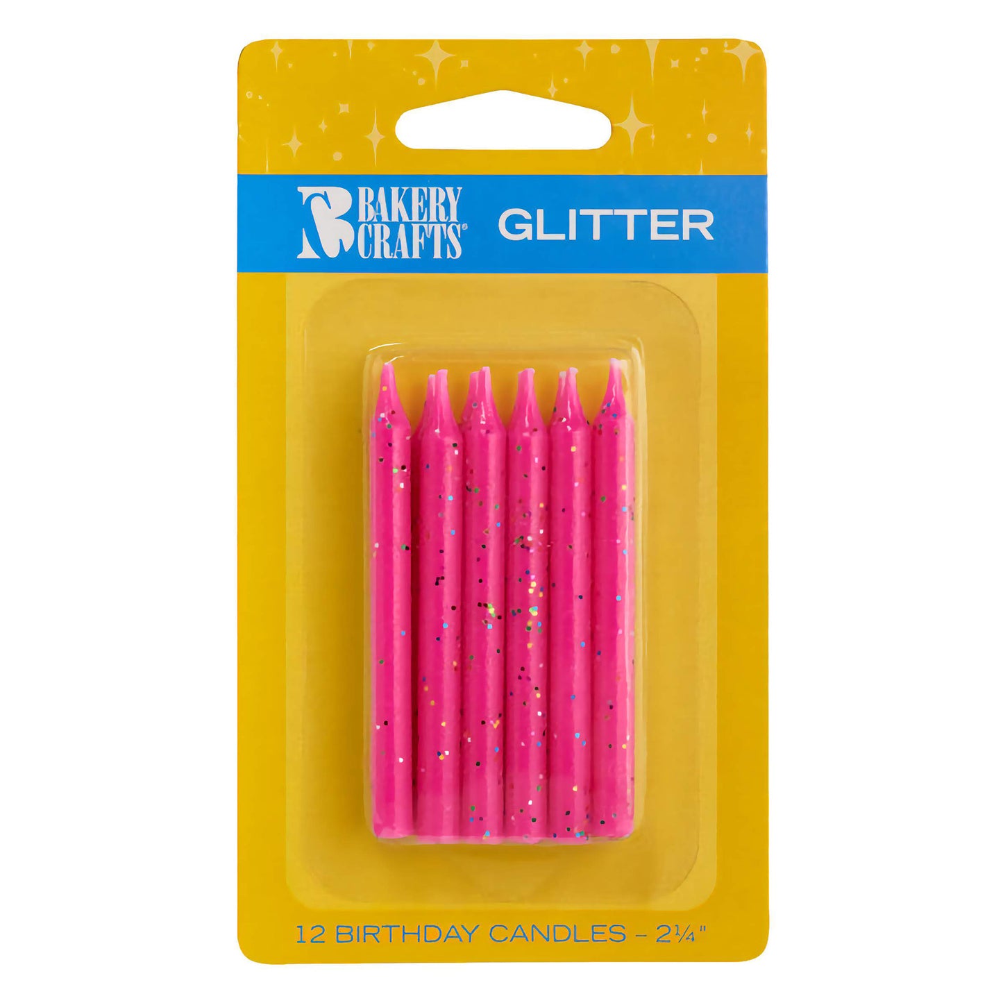 Package of 12 pink glitter 2 1/4-inch birthday candles in a yellow and blue Bakery Crafts packaging.