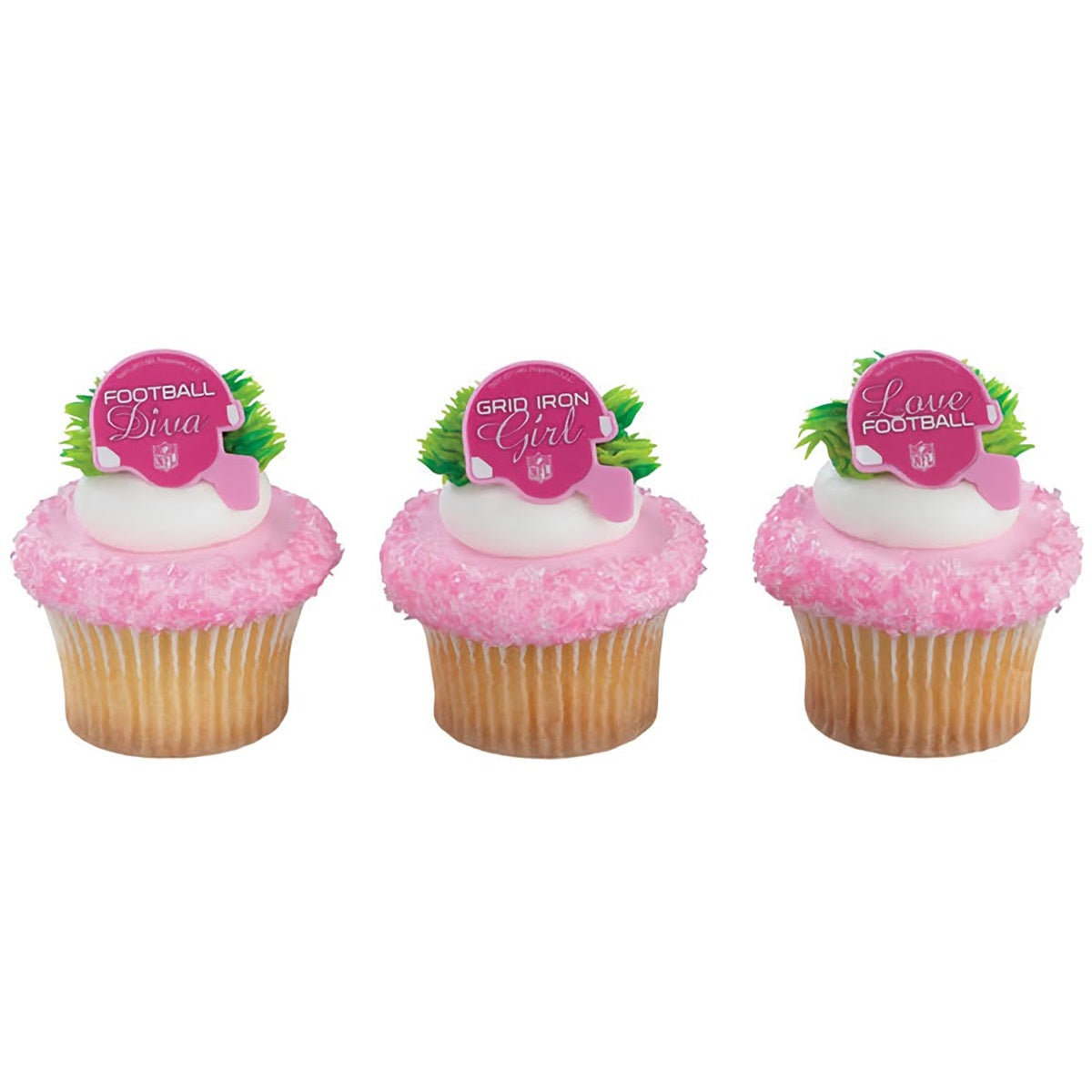Set of six pink NFL helmet cupcake rings, a fun way to add a sporty flair to cupcakes for game day celebrations, football party favors, or a sports-themed birthday bash.