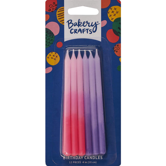 Package of 12 Bakery Crafts Pink & Purple Ombre Birthday Candles, with 6 ombre pink and 6 ombre purple candles, each 3.65 inches tall.