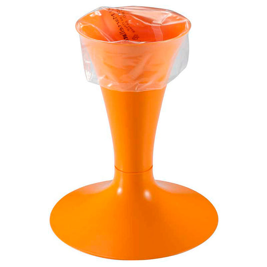 Orange plastic pastry bag holder with a wide round base and flared top opening, holding a clear disposable piping bag upright on a white background