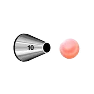 Round Piping Tip #10 with a sample pink icing dot, perfect for piping outlines, dots, and lettering in cake and cookie decorating
