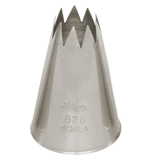 Ateco Piping Tip #828, a large open star tip with a 0.7-inch wide opening, perfect for piping big, bold swirls and rosettes on cakes and cupcakes.