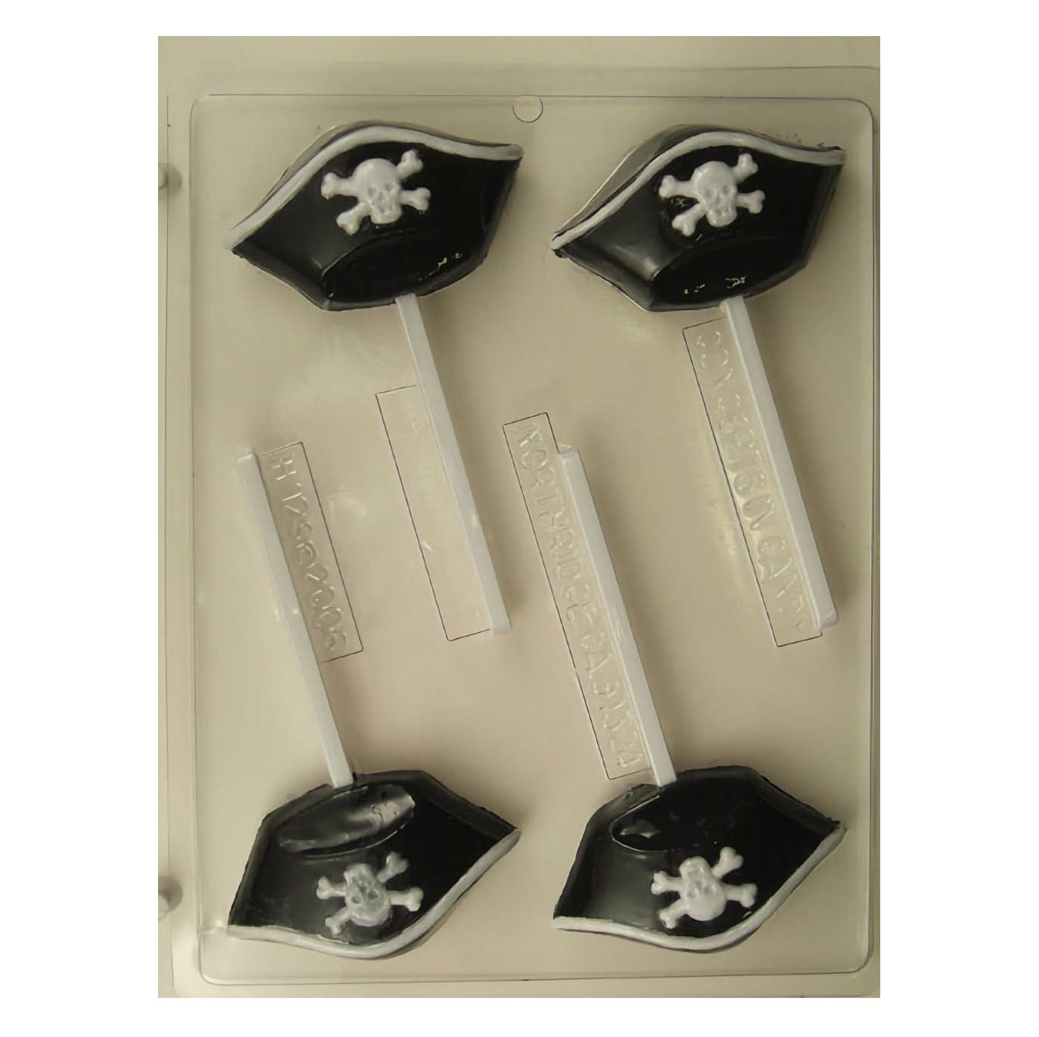 A fun, pirate-themed chocolate mold with three cavities shaped like pirate hats, complete with a skull and crossbones emblem. Each cavity is equipped with a stick insert for creating chocolate lollipop treats.
