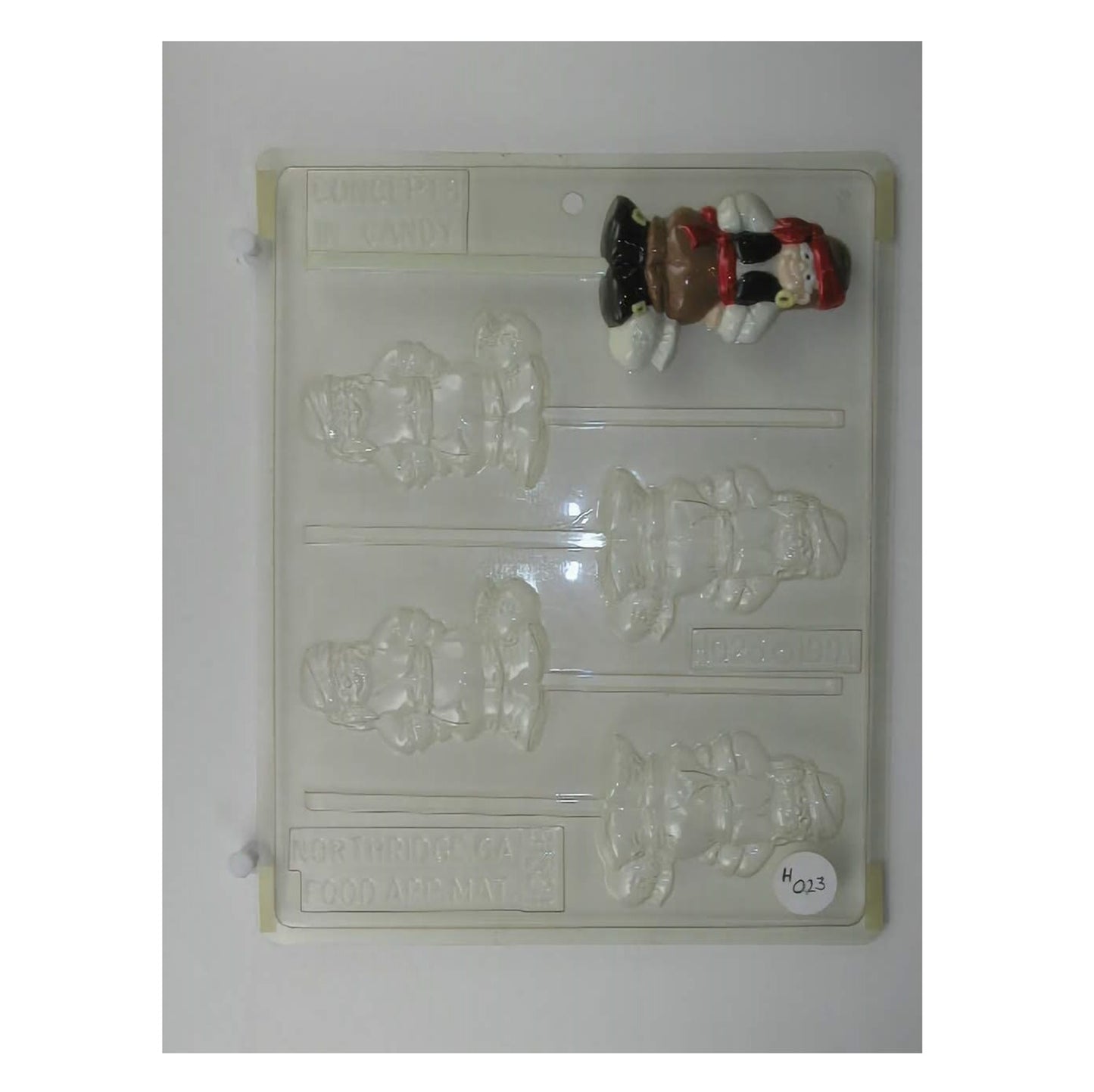 A playful and detailed pirate face chocolate mold, complete with a pirate hat, and a mischievous grin, perfect for themed birthday parties or as a treat for adventurous spirits.