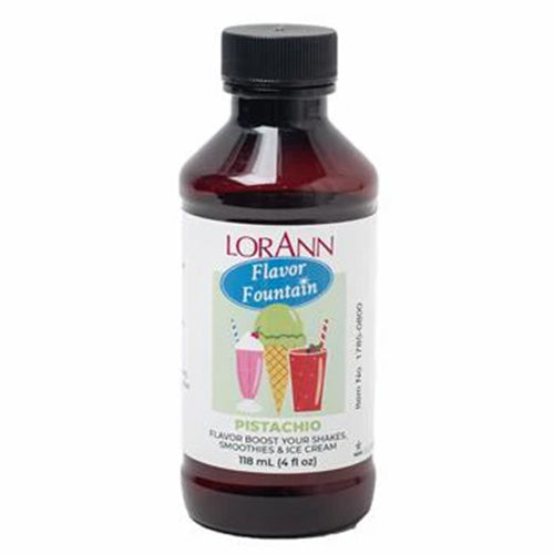 LorAnn Flavor Fountain Pistachio flavoring in a 4 oz bottle for shakes, smoothies, and ice cream.