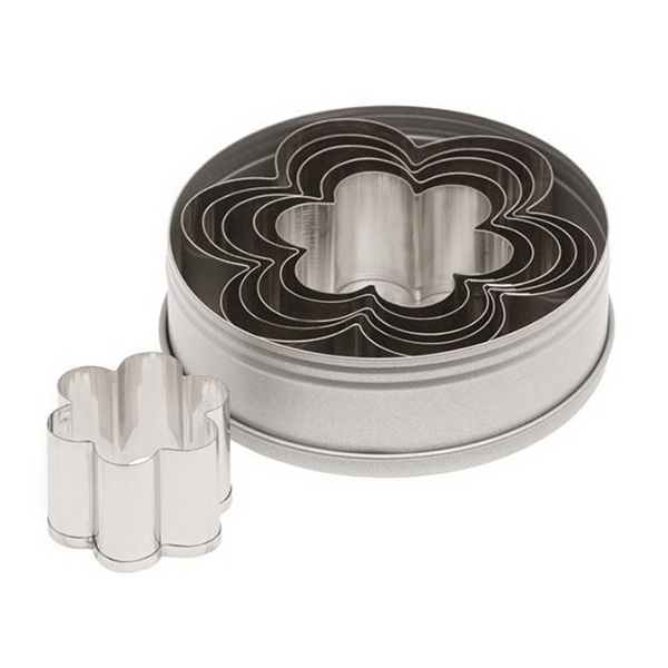 Ateco 7806 6-piece stainless steel daisy cutter set with nested daisy-shaped cutters in a round storage tin.