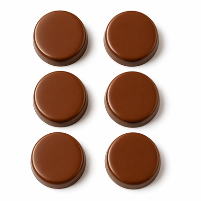 Six plain round chocolate sandwich cookie pieces arranged in two columns on a white background, each with a smooth flat top, rounded edges, and thick puck-like shape.