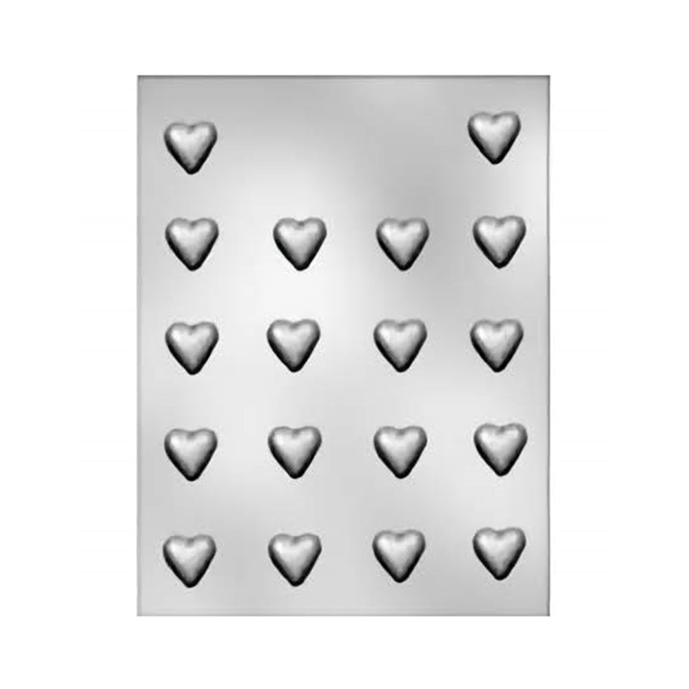 A chocolate mold featuring a collection of small, plain heart-shaped cavities, designed for making mini heart chocolates, perfect for decorating cakes or as tiny sweet treats.