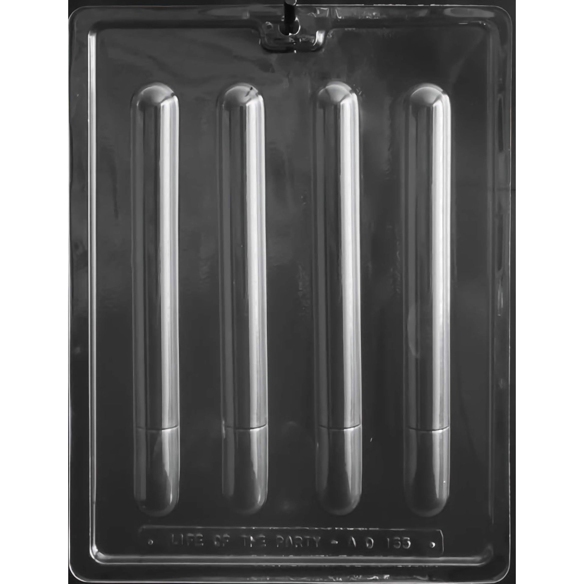 Clear plastic chocolate mold designed to create pretzel rods, featuring five elongated cylindrical compartments, perfect for molding chocolate-coated treats. The mold is positioned on a black background, enhancing visibility, and is labeled 'MADE IN THE USA', suitable for creating uniform and smooth chocolate pretzel rods for snacks or party desserts.