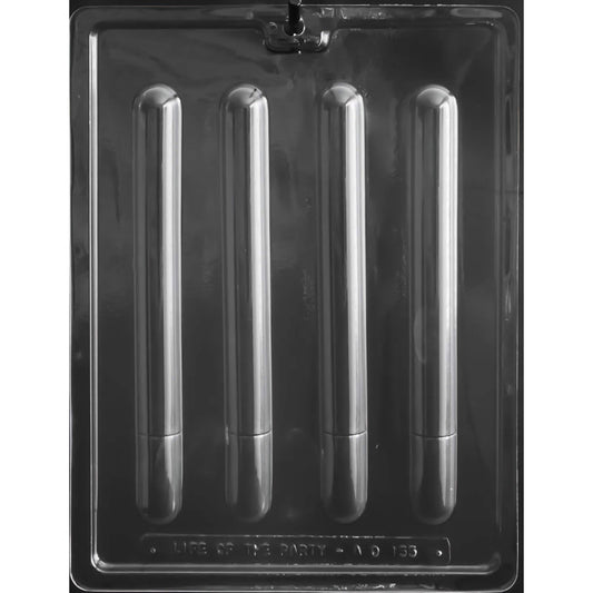 Clear plastic chocolate mold designed to create pretzel rods, featuring five elongated cylindrical compartments, perfect for molding chocolate-coated treats. The mold is positioned on a black background, enhancing visibility, and is labeled 'MADE IN THE USA', suitable for creating uniform and smooth chocolate pretzel rods for snacks or party desserts.