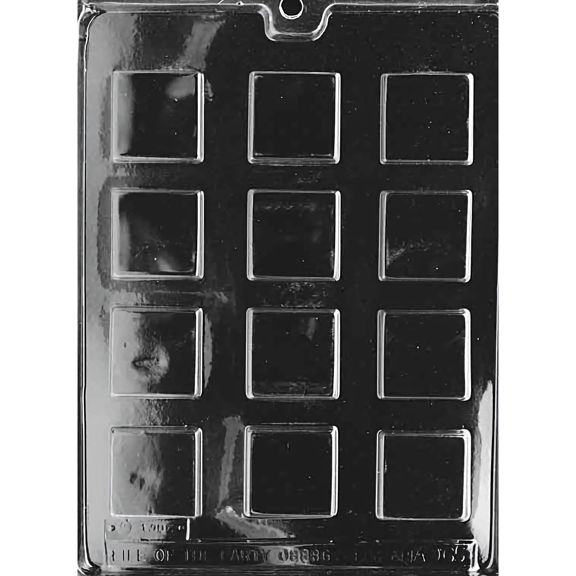 Plain Square Mints Chocolate Mold with twelve square cavities, each creating smooth, plain square chocolates. The mold creates 1-1/2 inch by 1-1/2 inch and 1/4 inch deep chocolate pieces, using approximately 0.3 ounces of chocolate per piece. Made of food-grade plastic and manufactured in the USA.