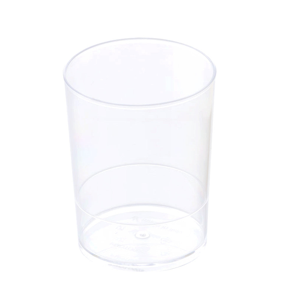 Empty clear cylindrical plastic dessert cup with a smooth rim and flat base, shown on a white background.