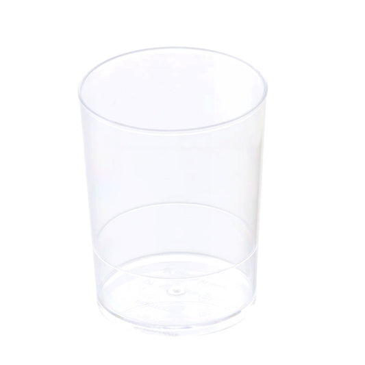 Empty clear cylindrical plastic dessert cup with a smooth rim and flat base, shown on a white background.