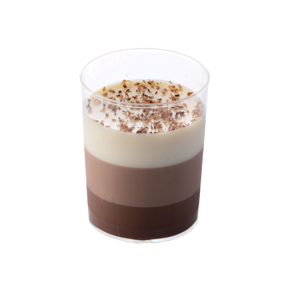 Clear plastic dessert cup filled with a three-layer chocolate dessert in dark, milk, and white layers, topped with chocolate shavings.