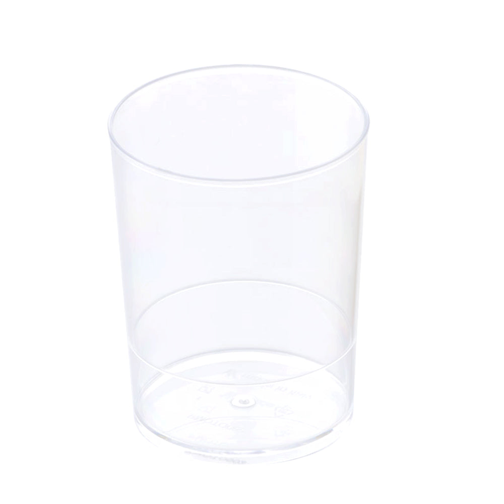 Empty clear cylindrical plastic dessert cup with a smooth rim and flat base, shown on a white background.