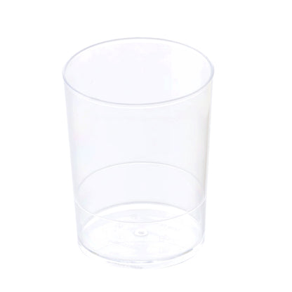 Empty clear cylindrical plastic dessert cup with a smooth rim and flat base, shown on a white background.