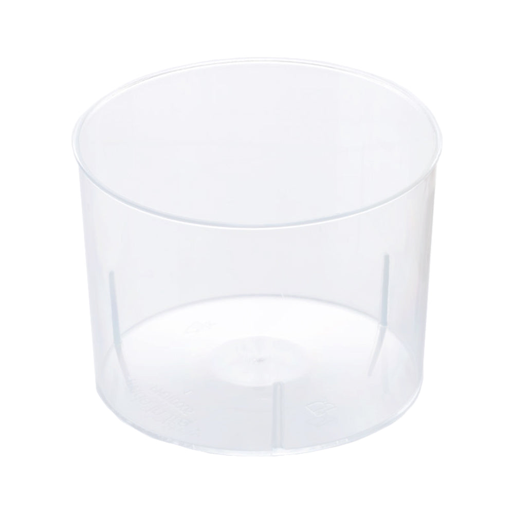 Empty clear cylindrical plastic dessert cup with a wide opening and flat base, shown on a white background.
