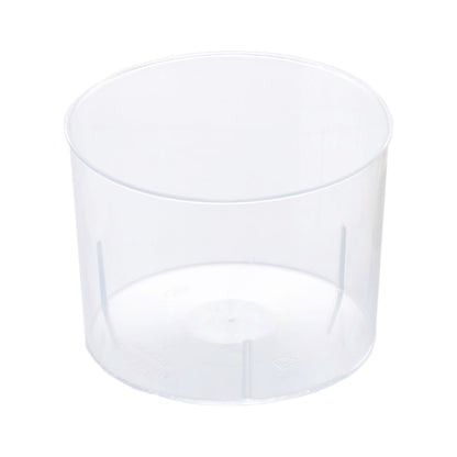 Empty clear cylindrical plastic dessert cup with a wide opening and flat base, shown on a white background.