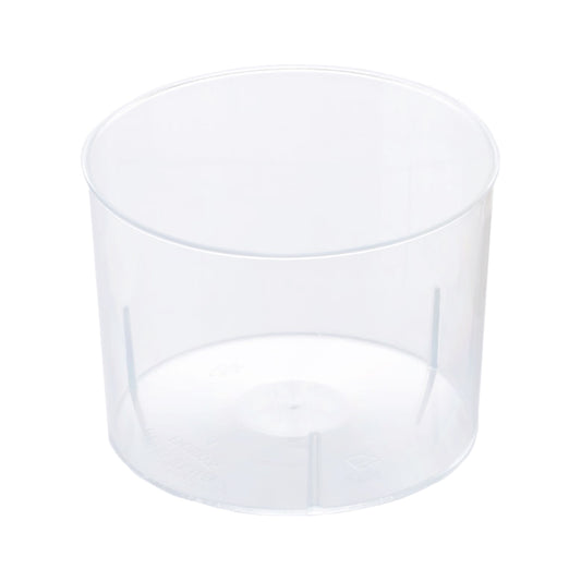 Empty clear cylindrical plastic dessert cup with a wide opening and flat base, shown on a white background.