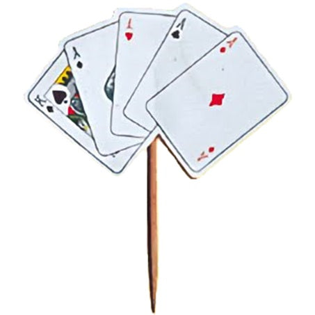 Playing cards cupcake topper picks showing a fan of classic playing cards including the ace of spades, hearts, diamonds, and clubs. Ideal for a casino-themed party or game night, these card topper picks can be found at Lynn's Cake, Candy, and Chocolate Supplies.