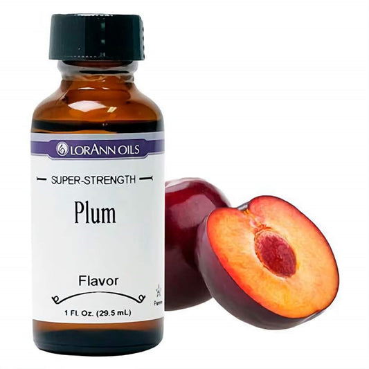 LorAnn Oils Super-Strength Plum Flavor in a brown bottle with a vivid image of a ripe, sliced plum next to it, representing the concentrated, fruity flavor for confectionery.
