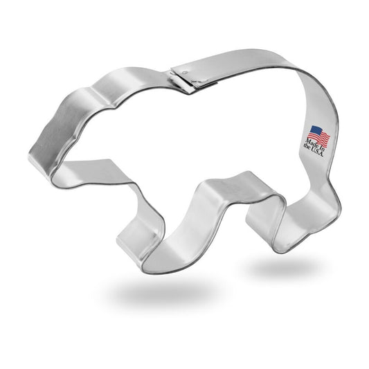 Polar bear-shaped tin cookie cutter with sharp edges and silver finish, made in the USA.