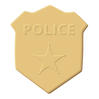 Police badge-shaped cookie with gold icing, featuring the word 'POLICE' and a star in the center, made using a shield badge cookie cutter.