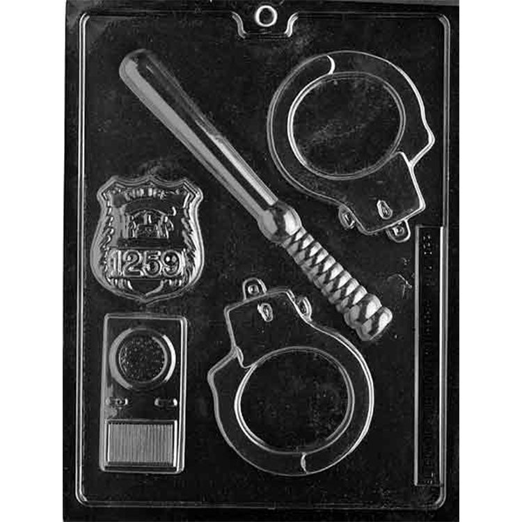 Policeman-themed chocolate mold featuring badge, handcuffs, baton, and walkie-talkie shapes, with the largest piece measuring 7.38 inches.