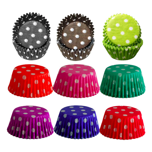 Assorted mini polka dot baking cups in multiple colors including red, pink, green, purple, and black, ideal for cupcakes and candy