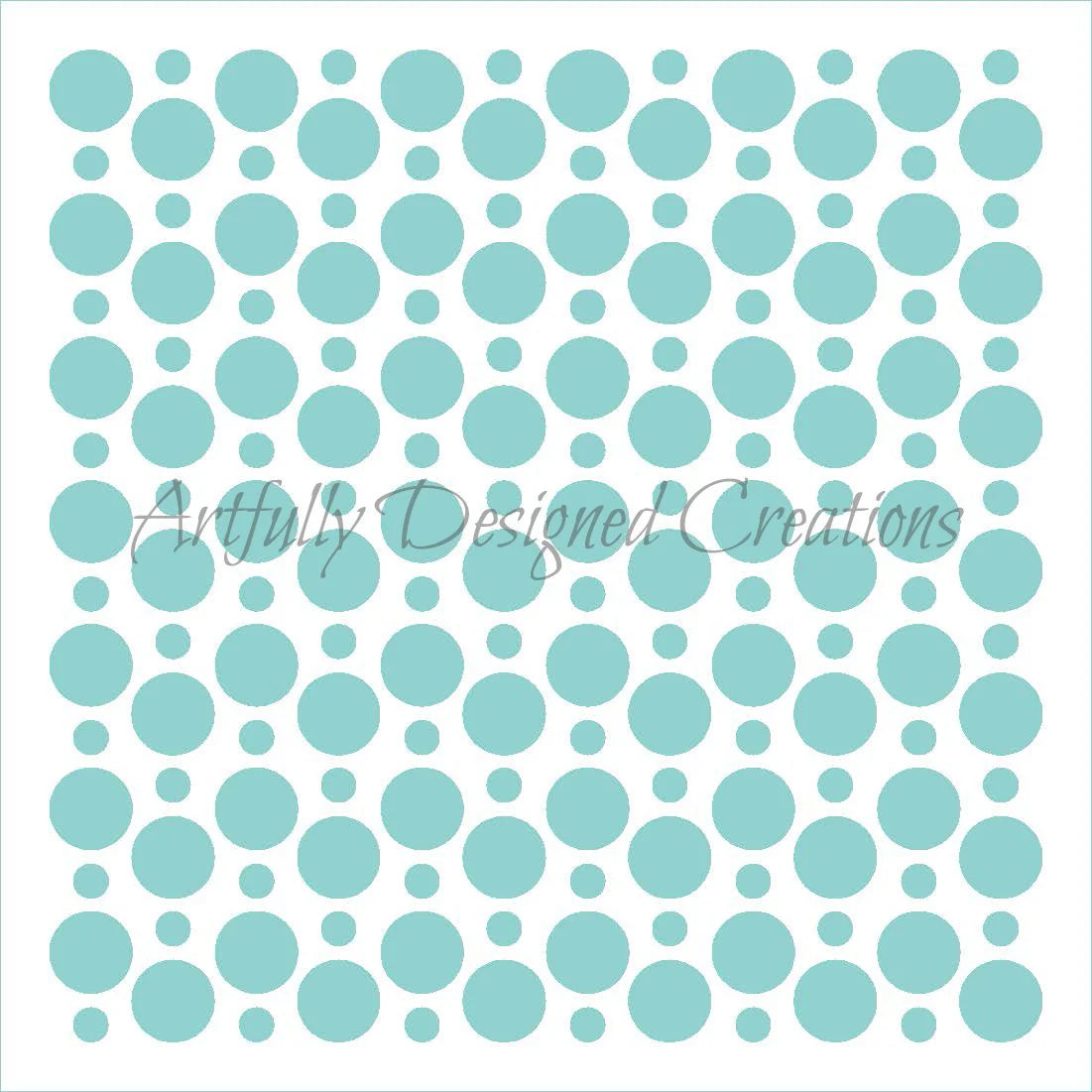 Alternating polka dot cake stencil with repeating large and small circles, 5.5" x 5.5" stencil size, made from food-safe plastic.