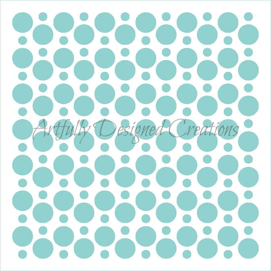 Alternating polka dot cake stencil with repeating large and small circles, 5.5" x 5.5" stencil size, made from food-safe plastic.